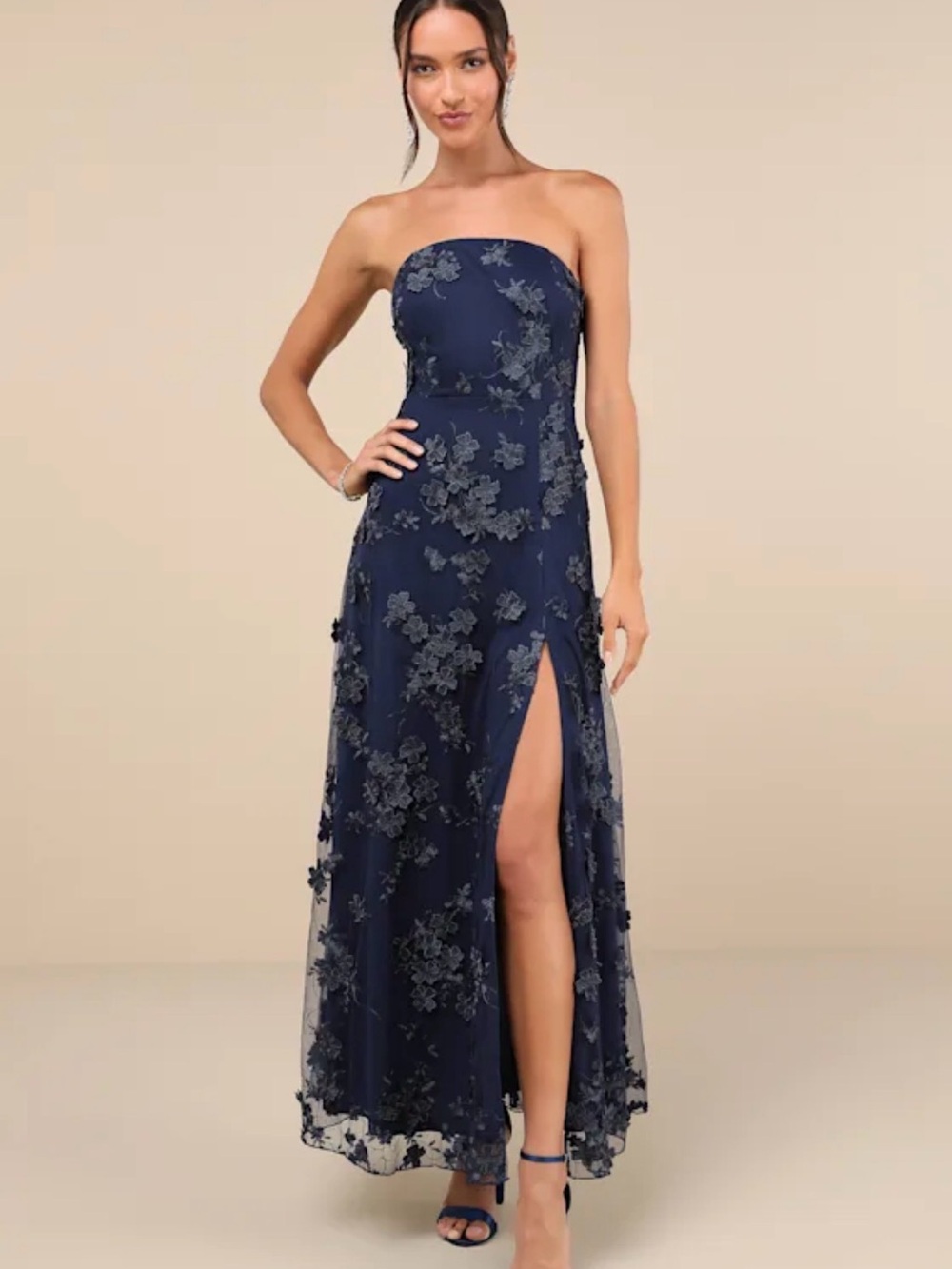 Lulu's Navy Strapless Embroidered Floral Gown